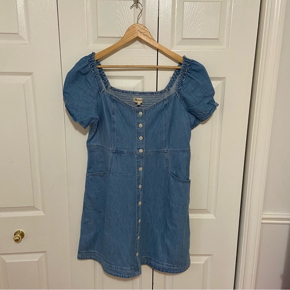 Madewell Denim Button Front Puff-Sleeve Mini Dress Size 12 - Picture 5 of 11